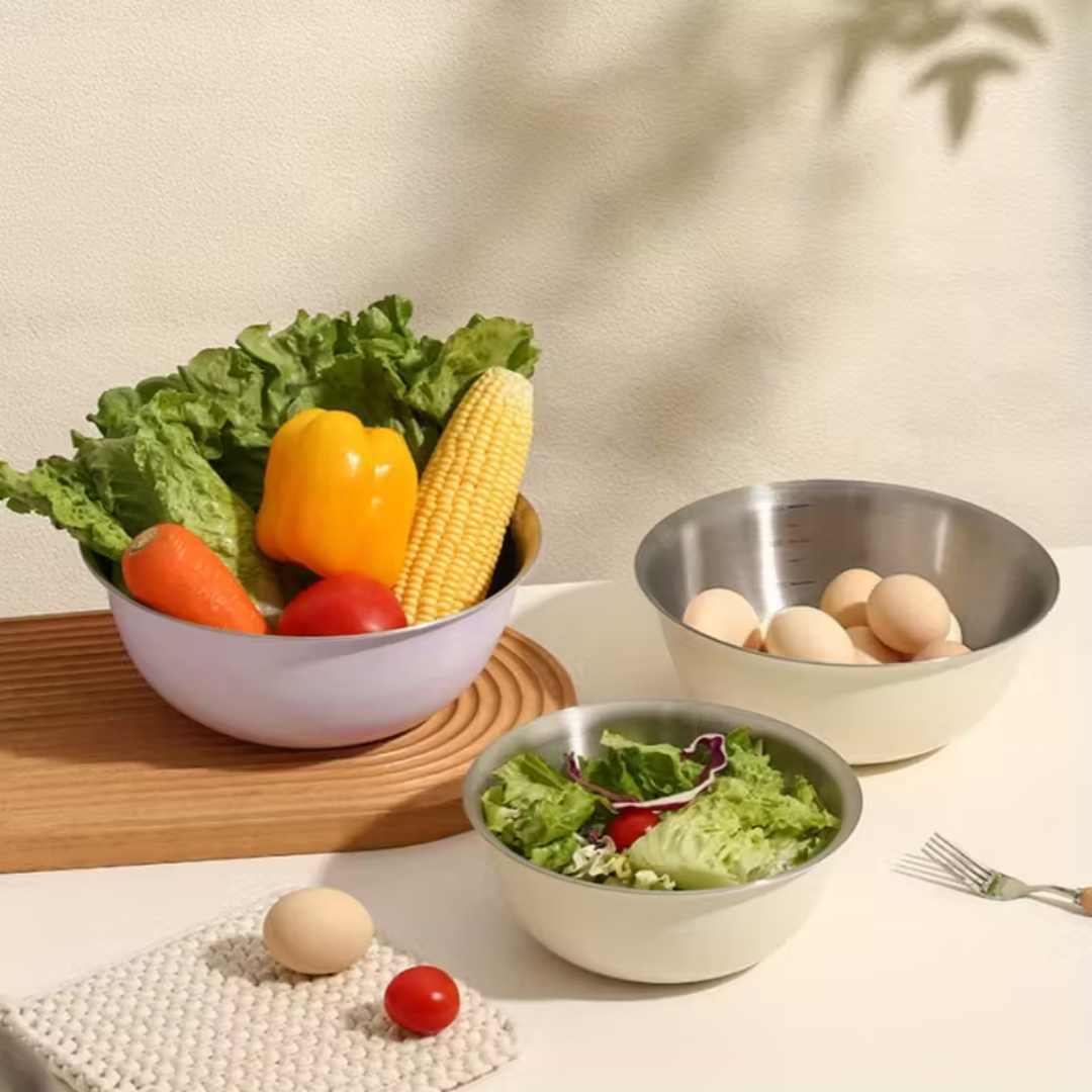 Multi-Purpose Usage Stainless Steel Cream Finish Bowl (Set of 3)