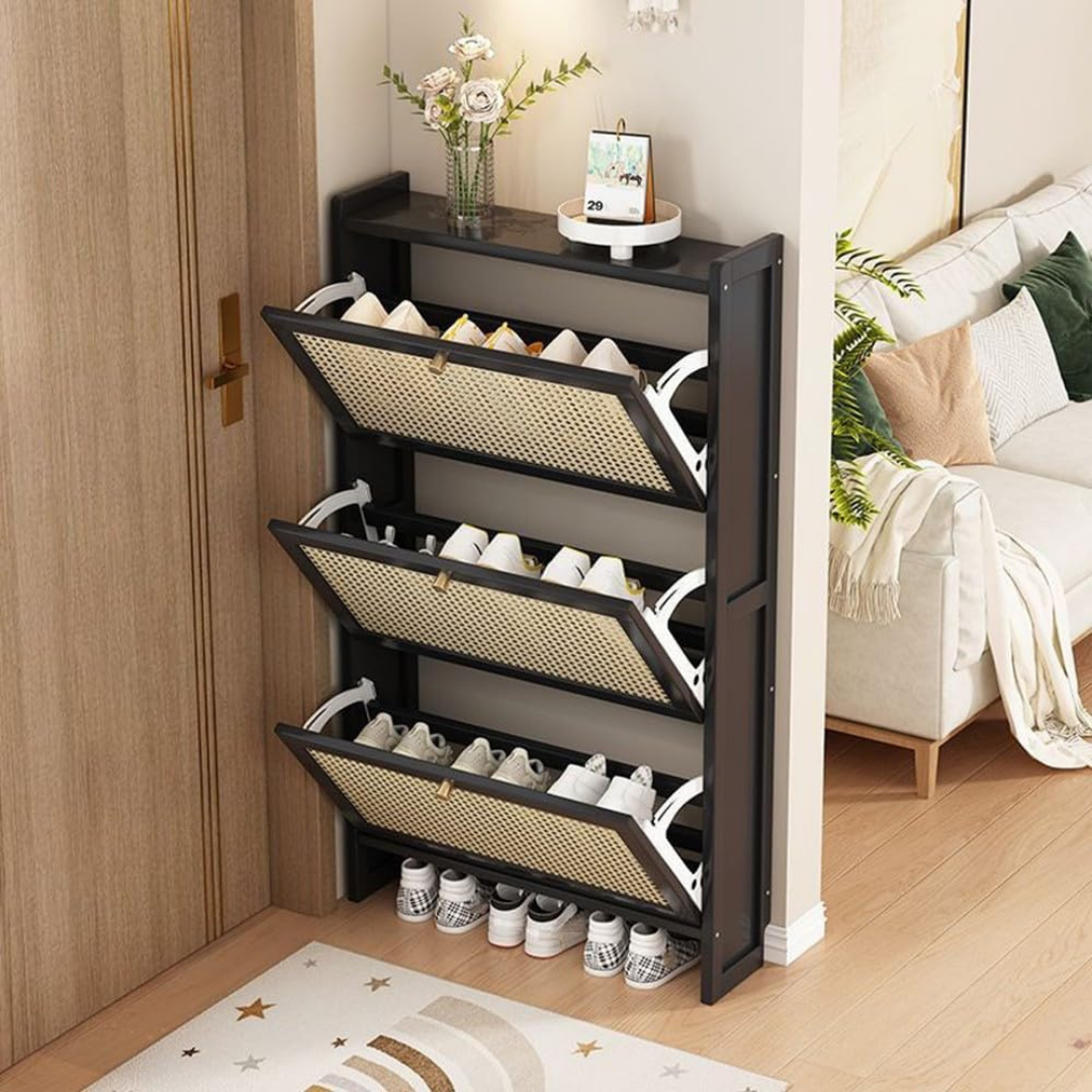 HOMERO Rattan Style Wooden Shoe Slim Space Saving Cabinet