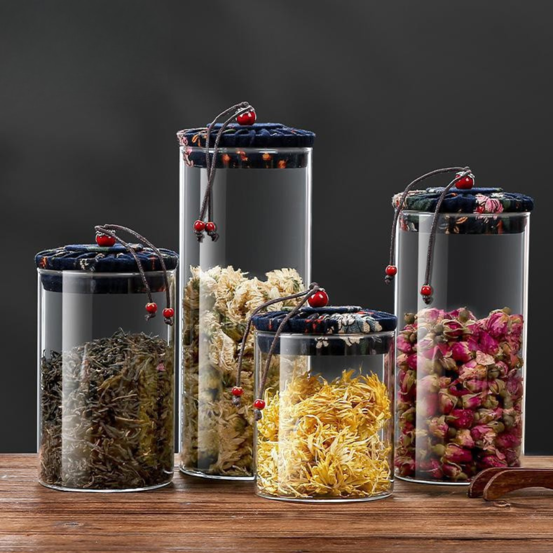 Borosilicate Glass Storage Jars with Floral Fabric Lid (Set of 4)