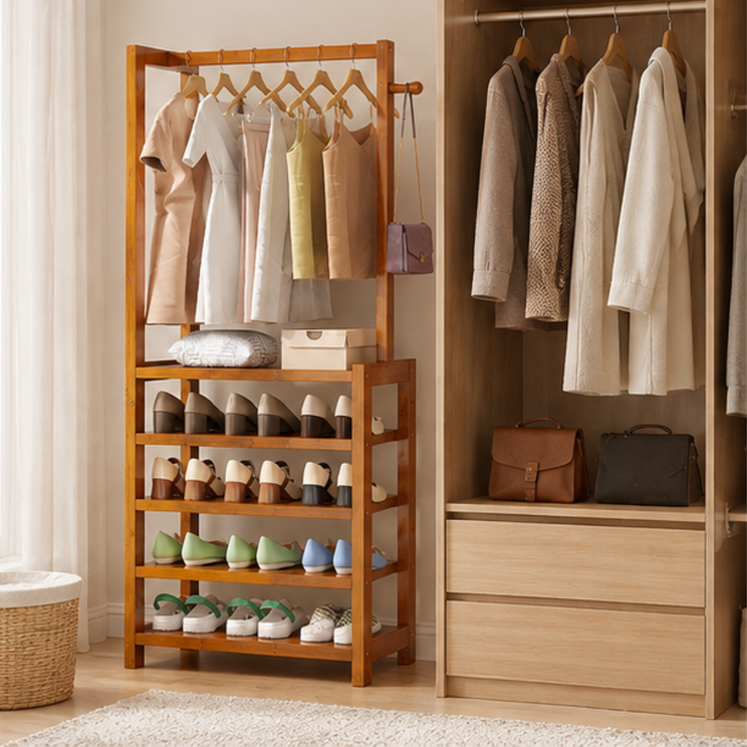 Multifunctional Bamboo Shoe Rack with Hanging Rail Side Hooks and Storage Shelves