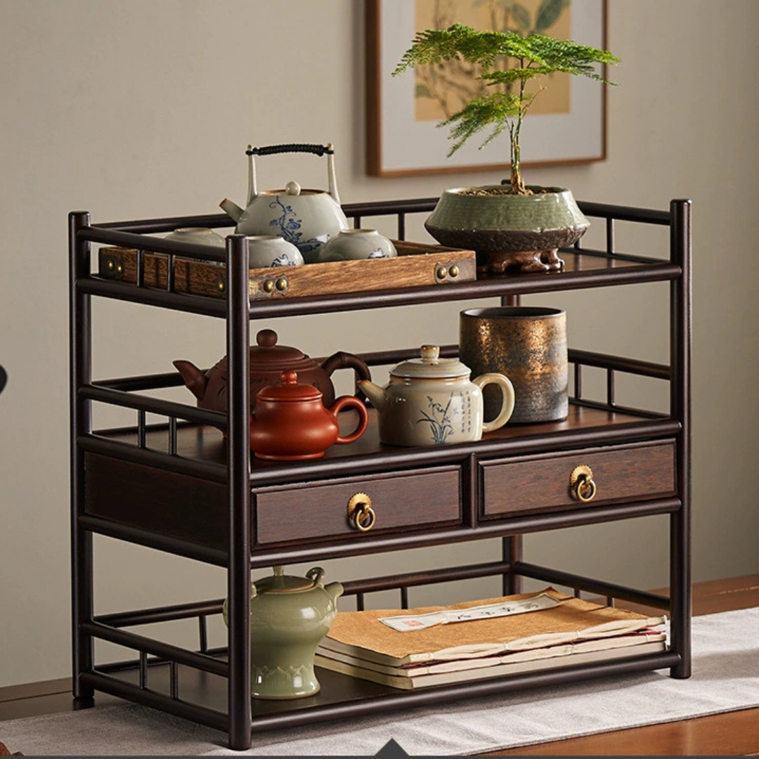 HOMERO Elegant Oriental Bamboo Multi-Layer Storage Organizer with Two Smooth Drawers