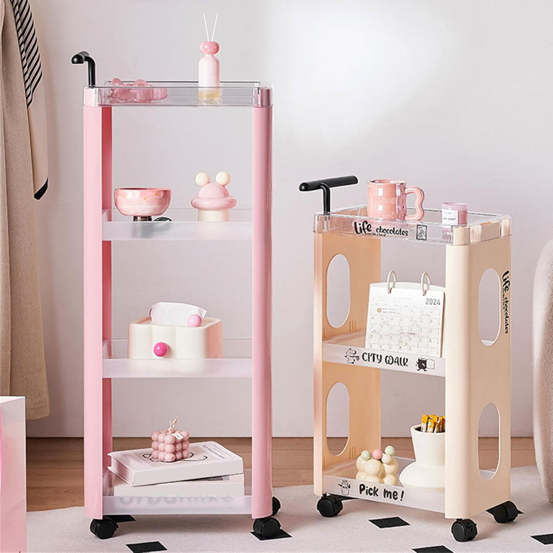 Rolling Multi Layer Space Storage Organizer Rack With Handle and Wheels 4 Layer