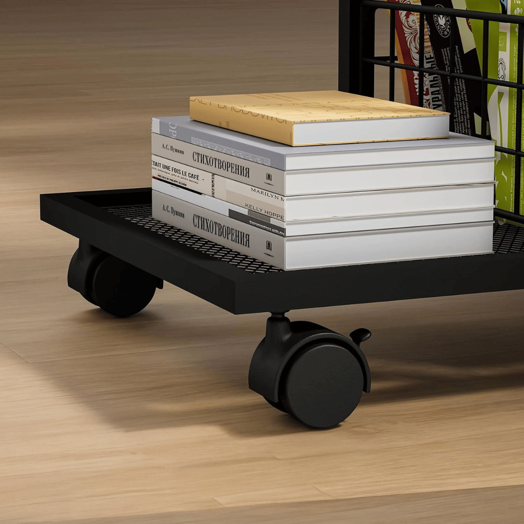 C Shaped Rolling Side Table with Drawer & Storage Basket