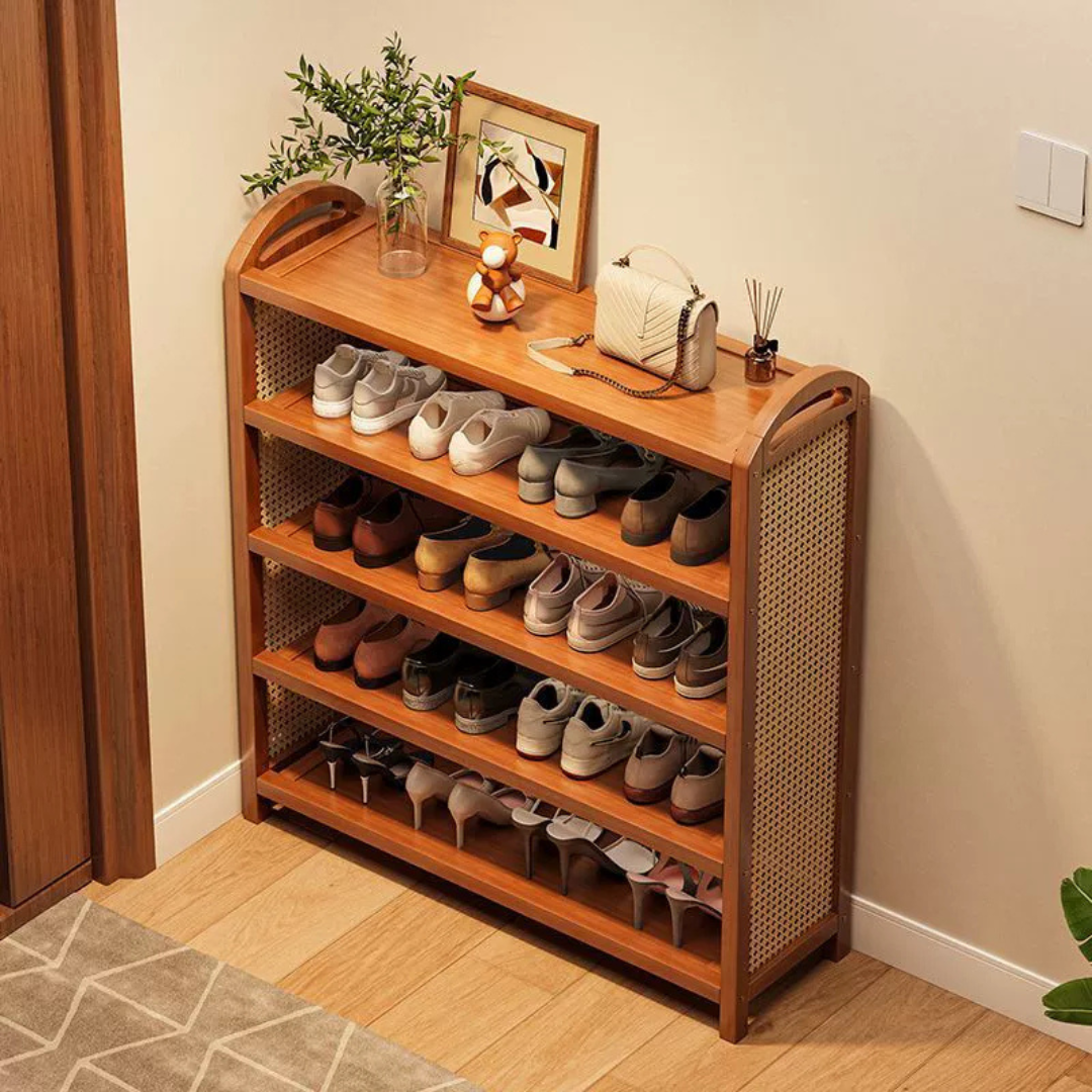 HOMERO Elegant Multi-Tier Bamboo Rattan Storage Stand Shoe Rack