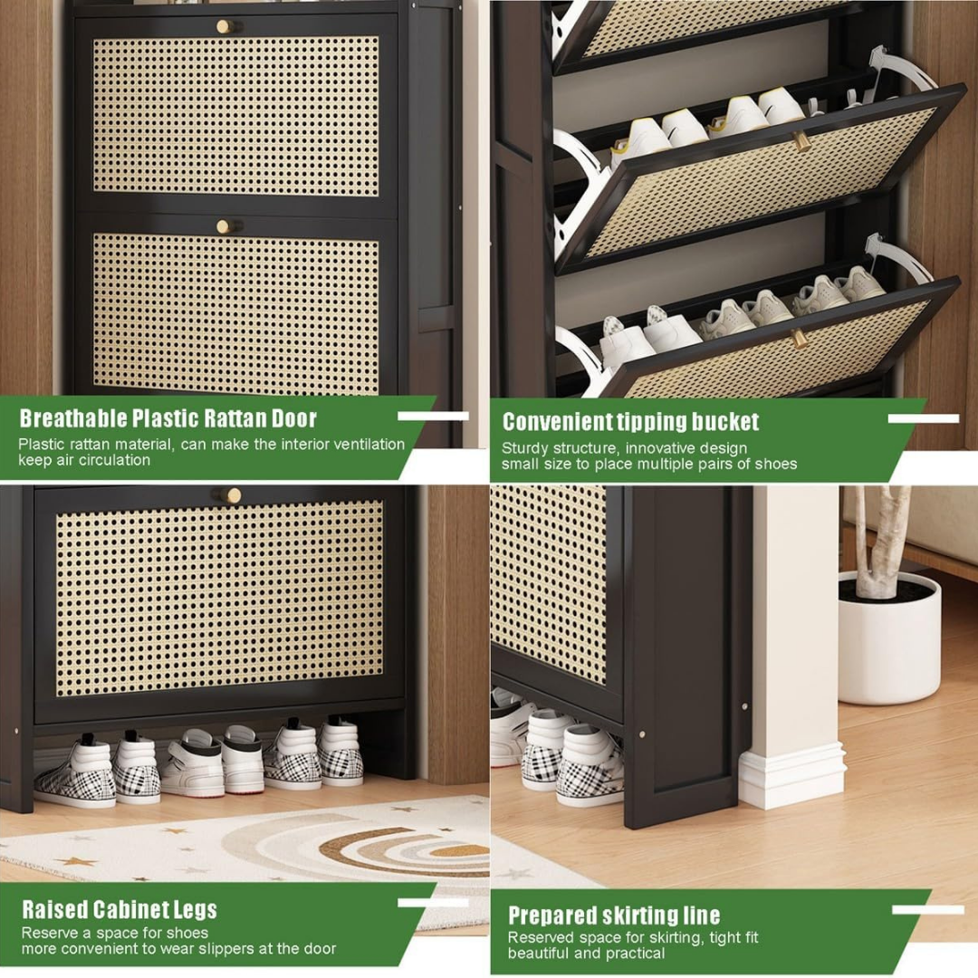 HOMERO Rattan Style Wooden Shoe Slim Space Saving Cabinet