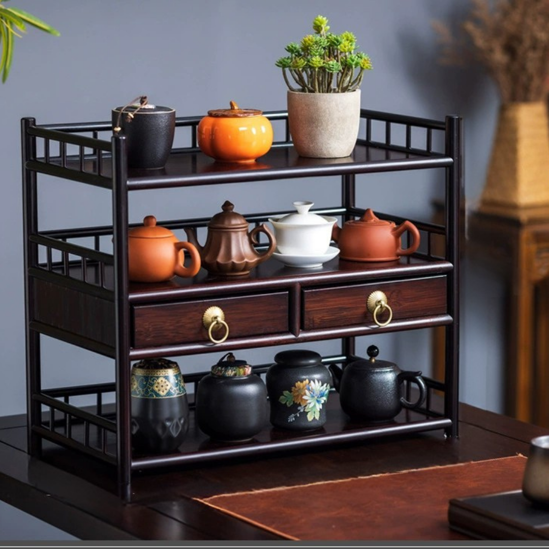 HOMERO Elegant Oriental Bamboo Multi-Layer Storage Organizer with Two Smooth Drawers