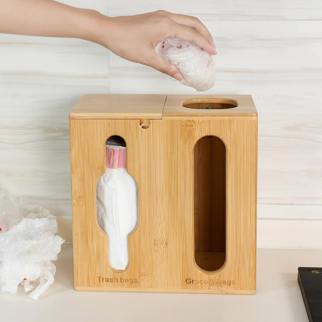 HOMERO Bamboo Grocery Holder and Trash Bag Dispenser