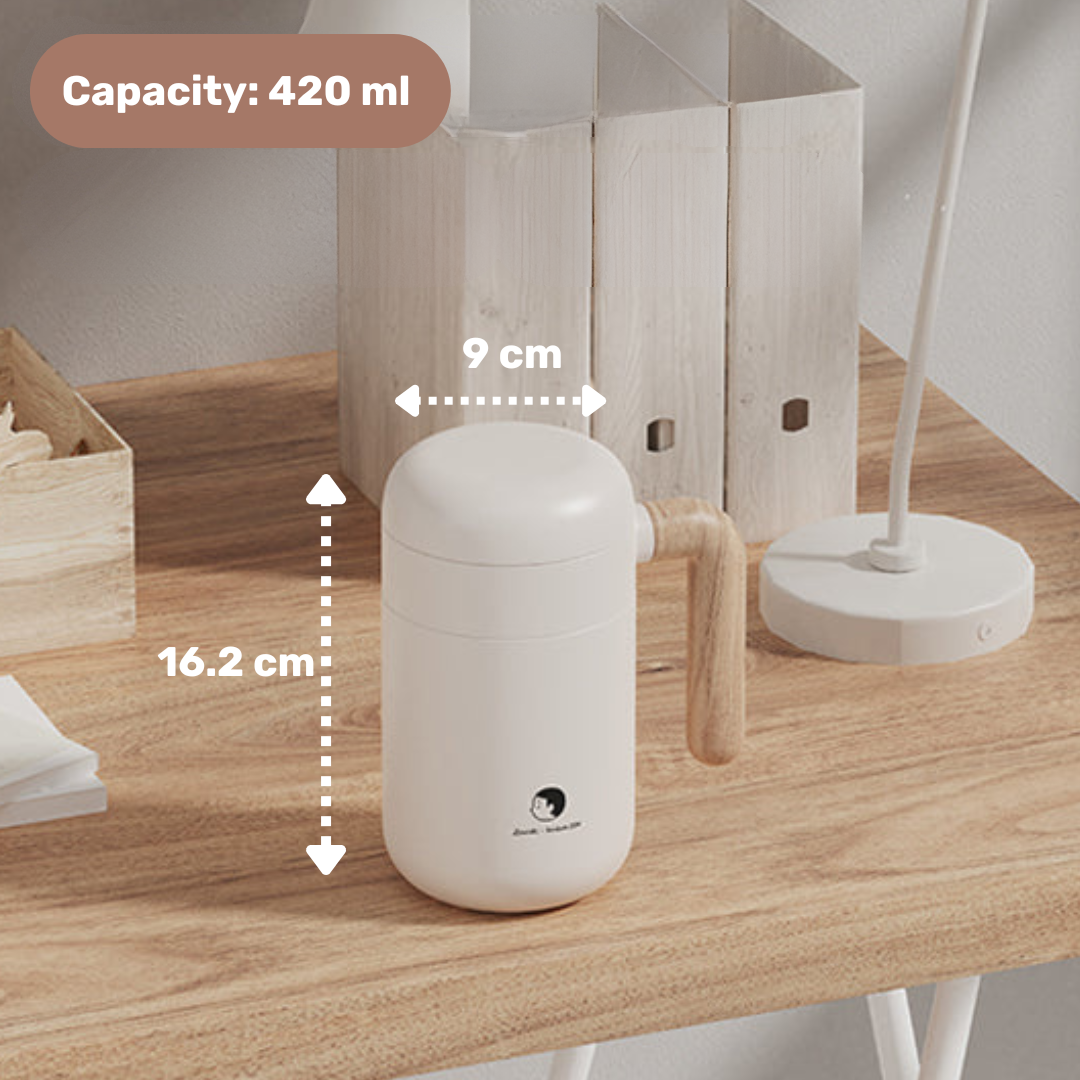 HOMERO Stainless Steel Automatic Stirring Mug with Wooden Handle - 420ml