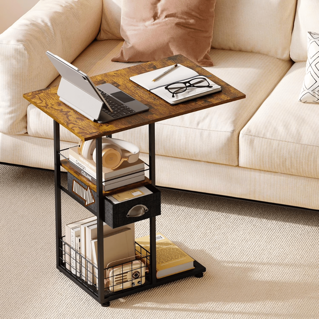 C Shaped Rolling Side Table with Drawer & Storage Basket