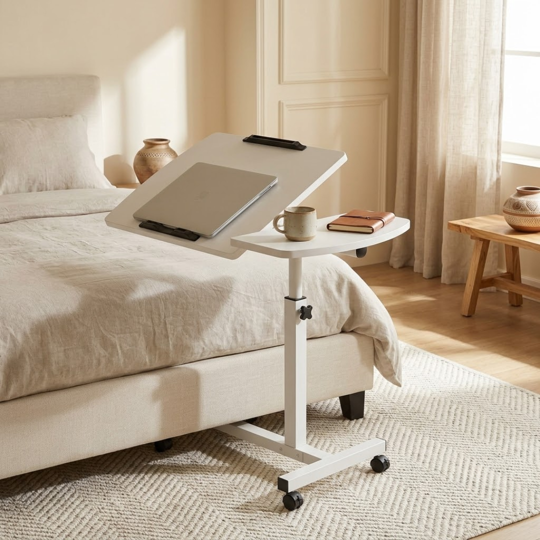 Adjustable Overbed Laptop Table with Tilting Panel & Lockable Wheels
