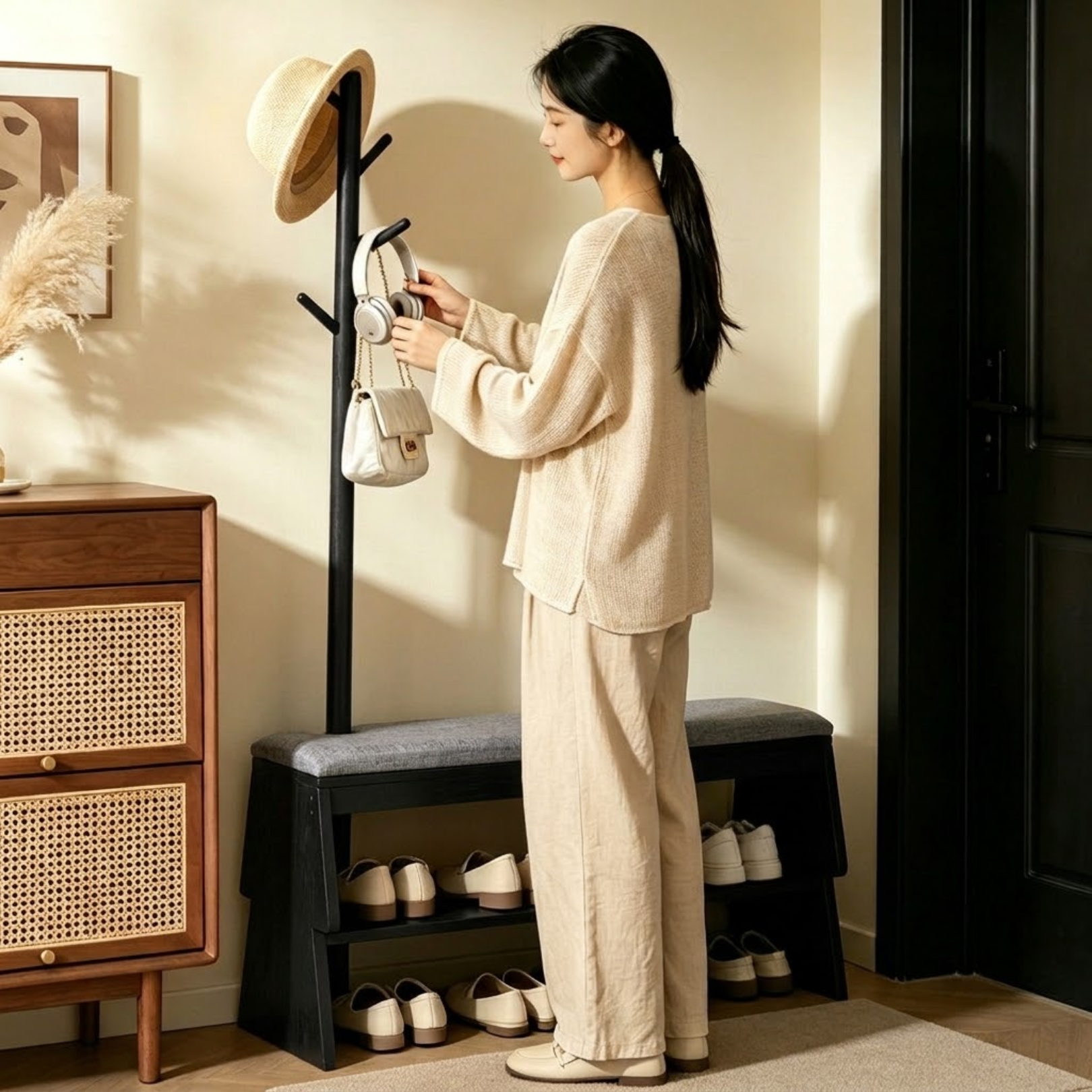 Multifunctional Entryway Shoe Rack Bench with Coat Stand Storage Organizer