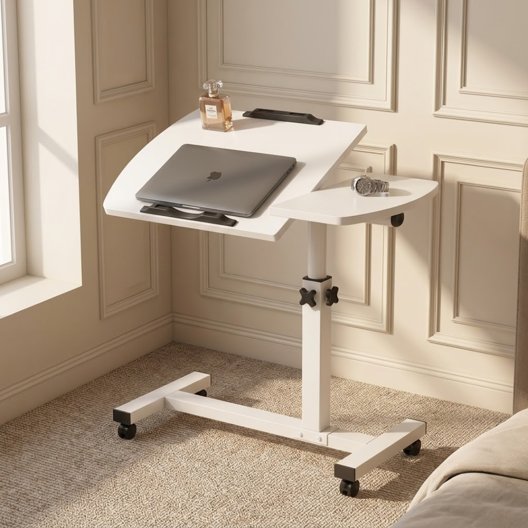 Adjustable Overbed Laptop Table with Tilting Panel & Lockable Wheels