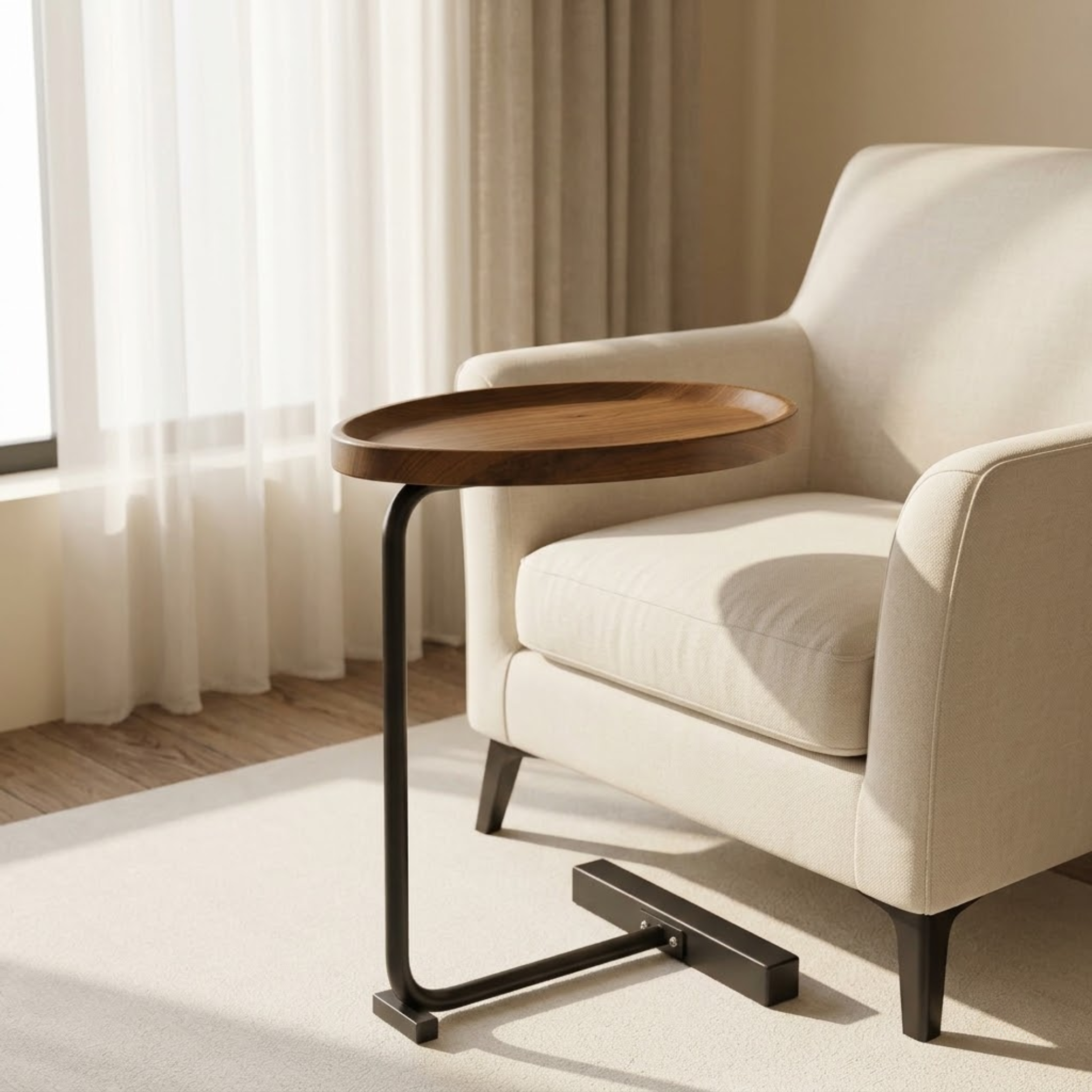 Modern C Shaped Wooden End Table with Smooth Top and Strong Metal Frame (Copy)