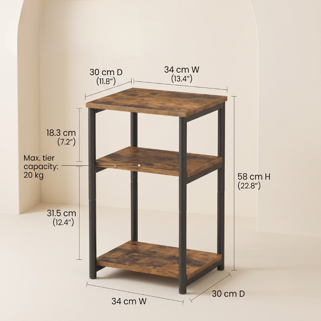 Rustic Brown Three Tier Storage Steel Frame Side Table