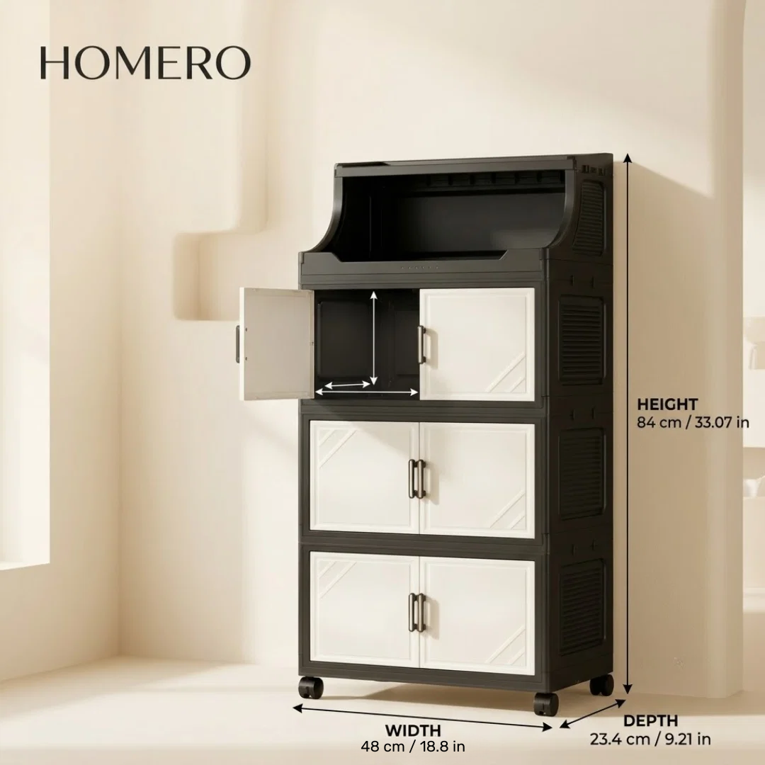 Multi Tier Folding Storage Cabinet with Wheels & Magnetic Doors