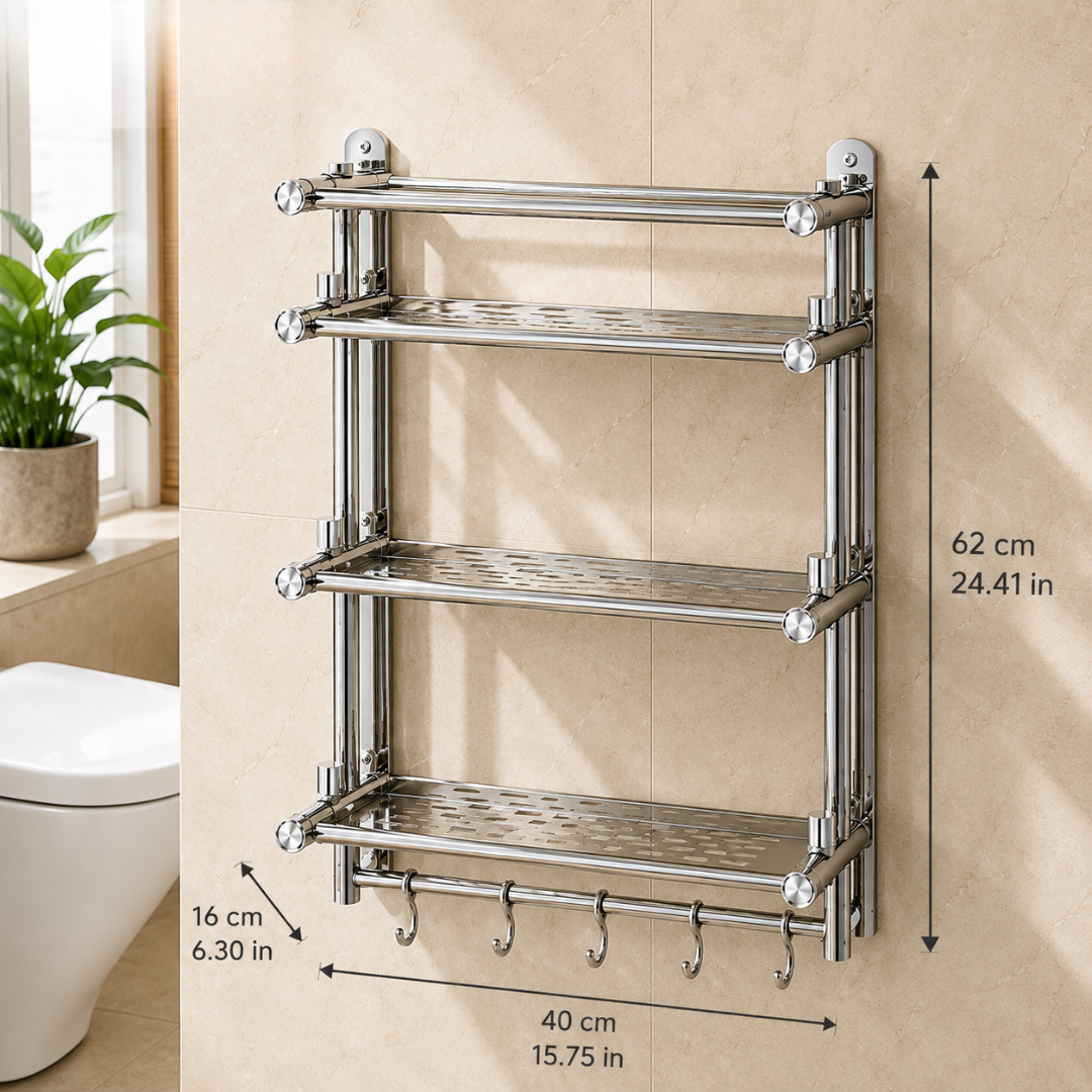 Heavy Duty Stainless Steel Bathroom Storage Rack With Towel Bar