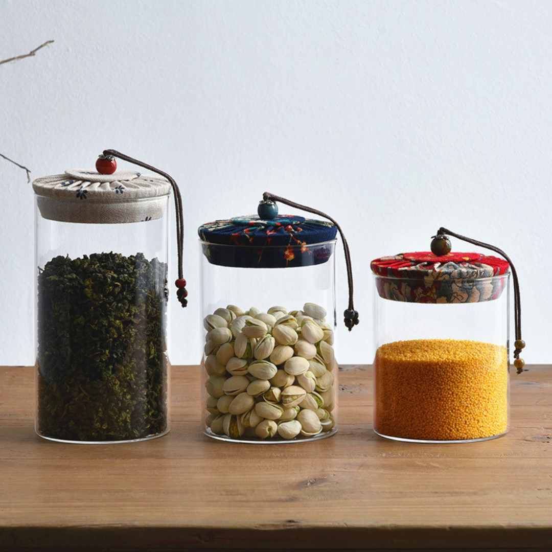 Borosilicate Glass Storage Jars with Floral Fabric Lid (Set of 4)