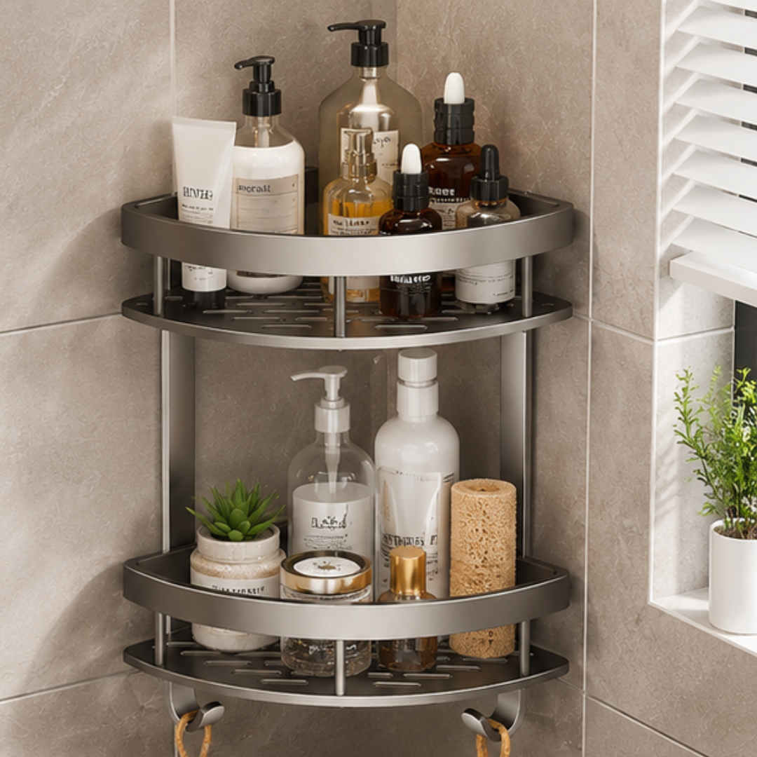 Wall Mounted Triangular Bathroom Corner Shelf With Hooks And Water Drainage