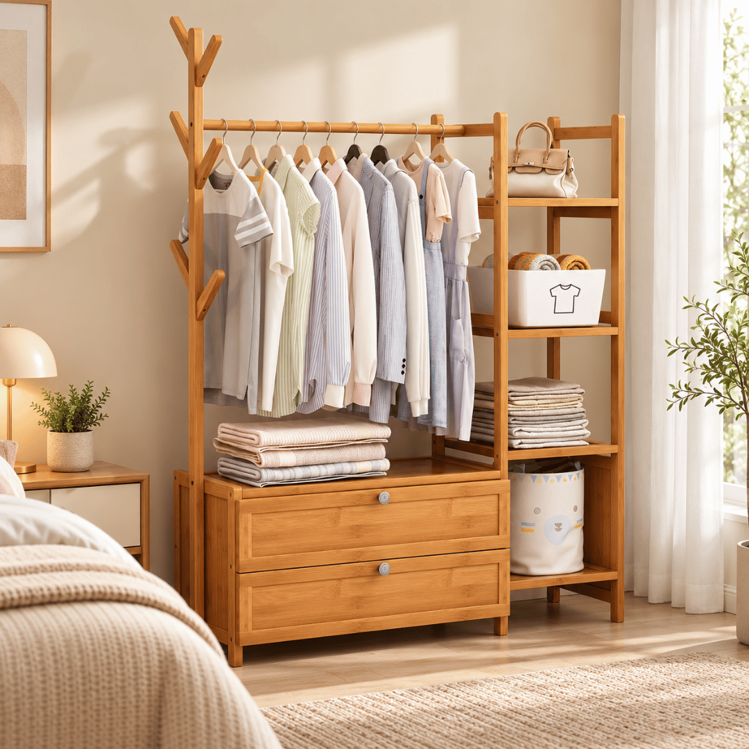 Bamboo Clothes Rack with Hanging Rail and Four Tier Storage Shelves
