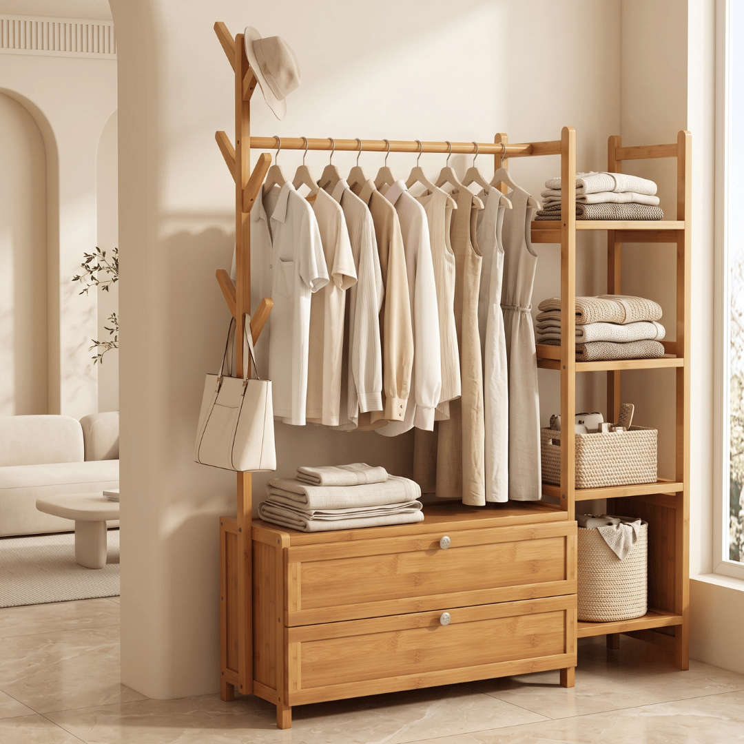 Bamboo Clothes Rack with Hanging Rail and Four Tier Storage Shelves