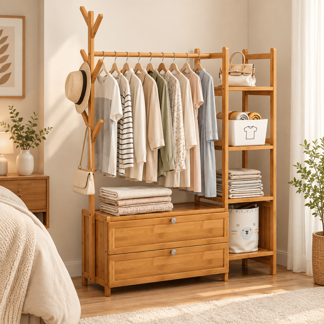 Bamboo Clothes Rack with Hanging Rail and Four Tier Storage Shelves