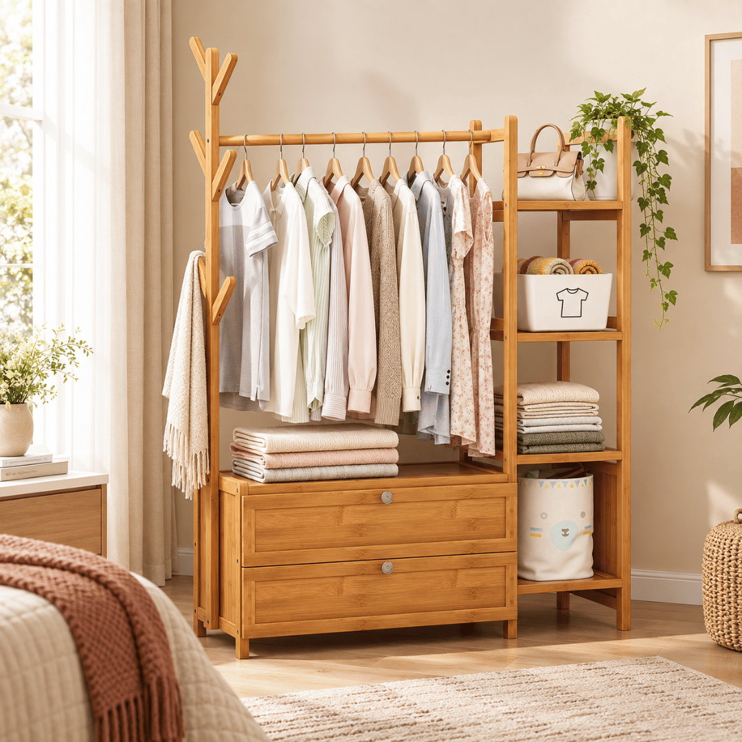 Bamboo Clothes Rack with Hanging Rail and Four Tier Storage Shelves