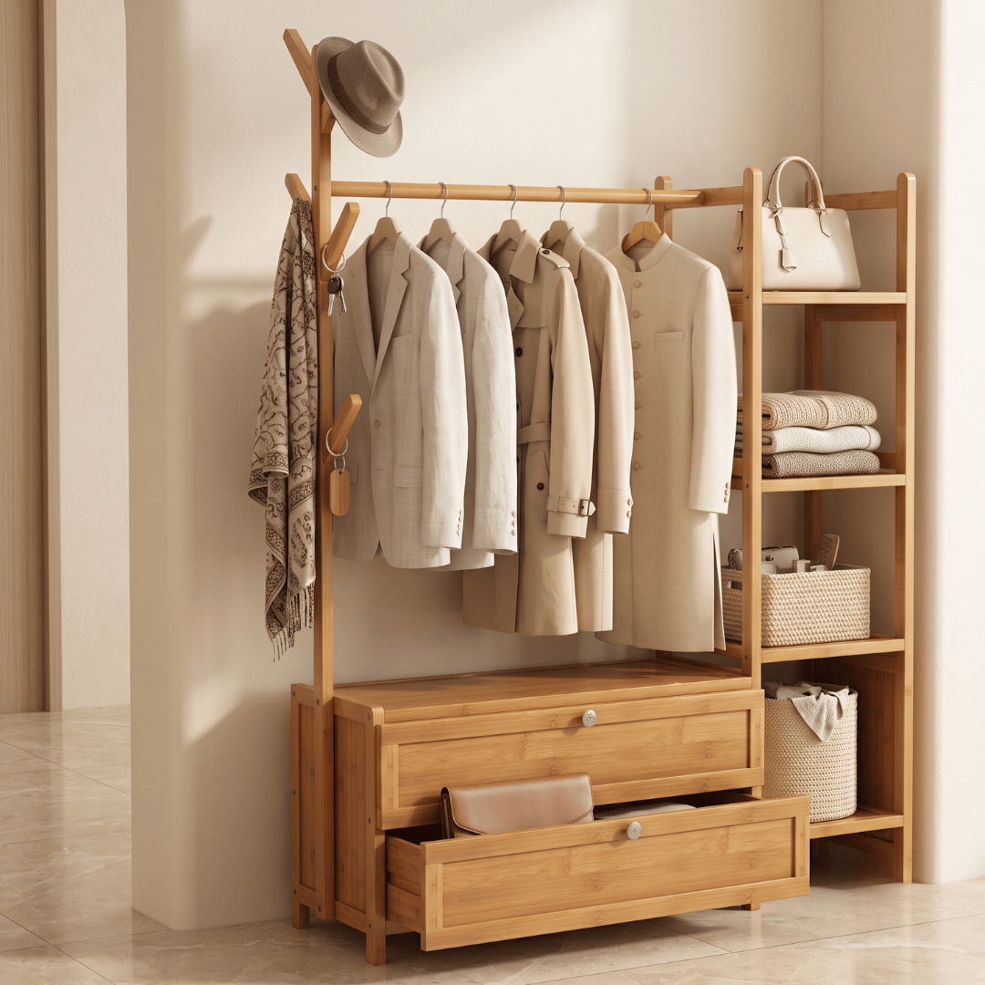 Bamboo Clothes Rack with Hanging Rail and Four Tier Storage Shelves