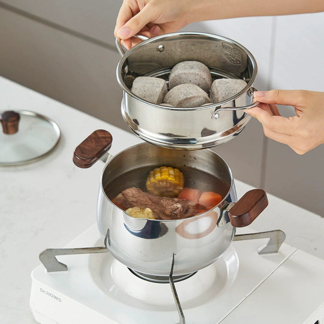 HOMERO Multi-Purpose Stainless Steel Steamer Pot Set with Wooden handle