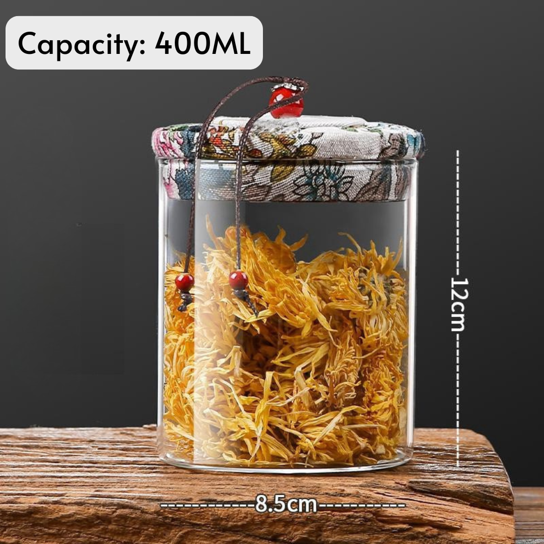 Borosilicate Glass Storage Jars with Floral Fabric Lid (Set of 4)