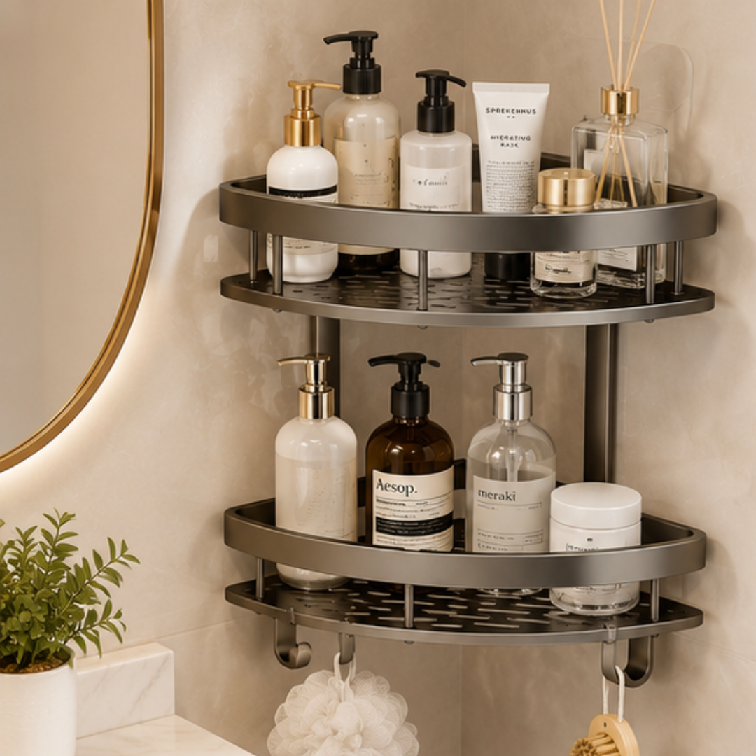 Wall Mounted Triangular Bathroom Corner Shelf With Hooks And Water Drainage