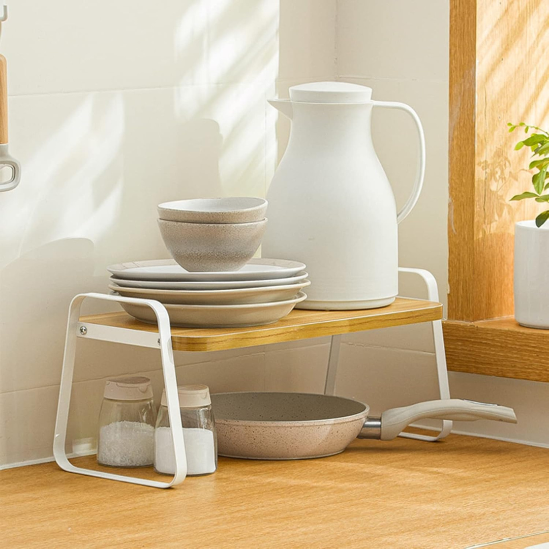 Expandable Wood Cabinet Shelf Organizer with Iron Leg