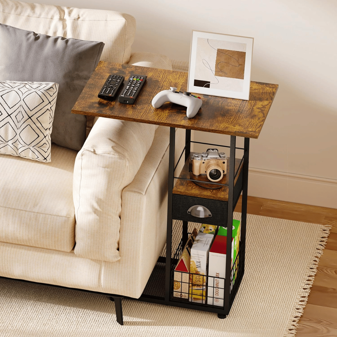C Shaped Rolling Side Table with Drawer & Storage Basket