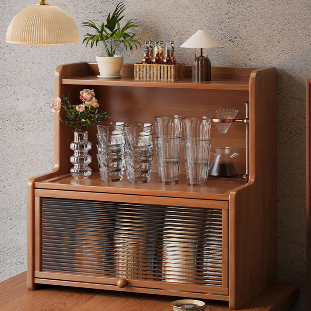 Bamboo Desktop Cup Holder Storage Rack with Acrylic Door
