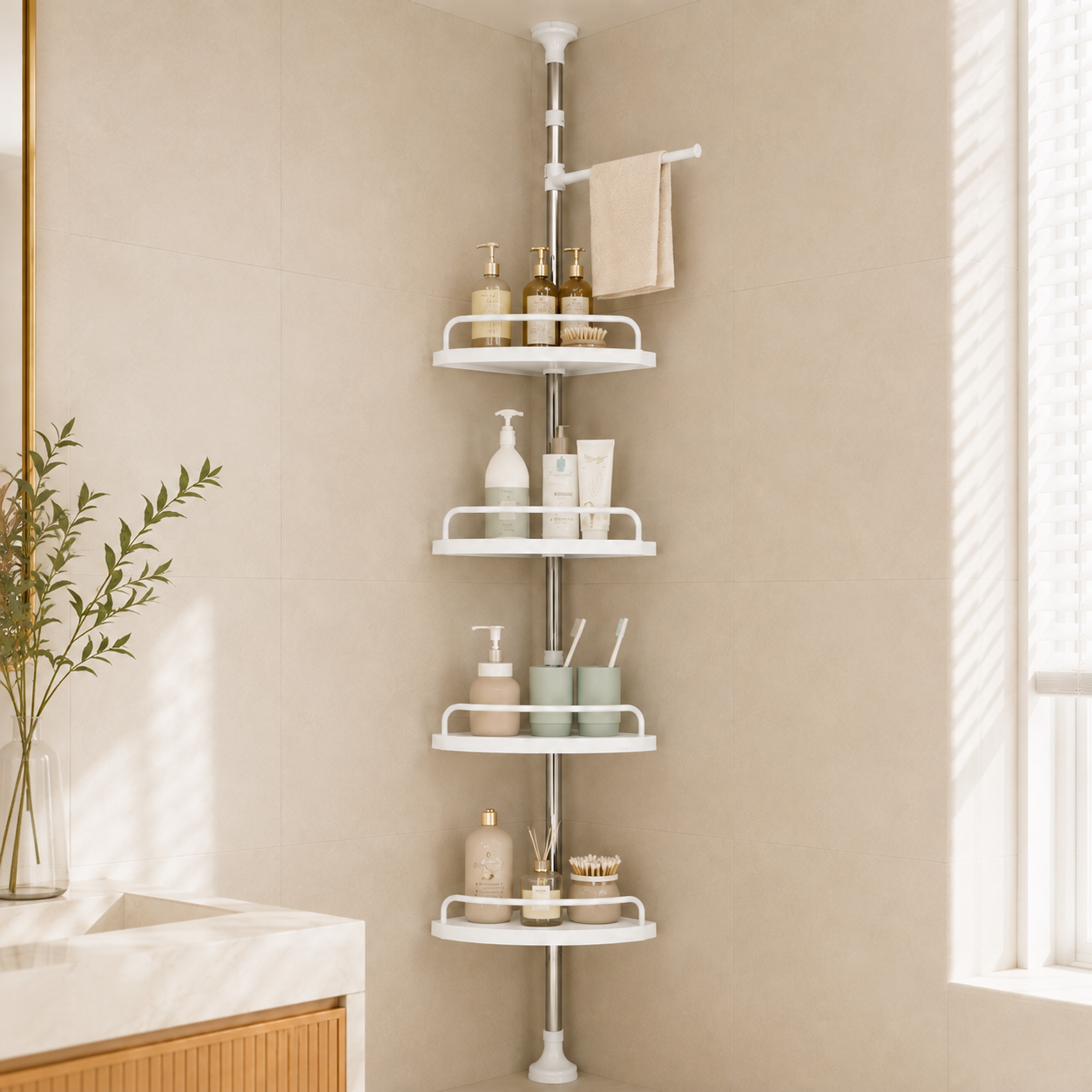 HOMERO Multipurpose Bathroom Rack with Hooks and Towel Bar - 4 Tier