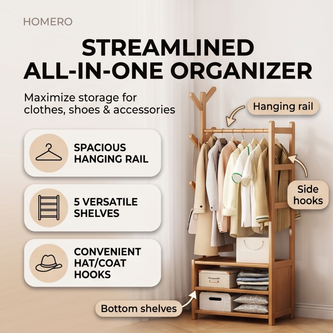 Modern Wooden Garment Rack with Storage Shelves Clothes Organizer