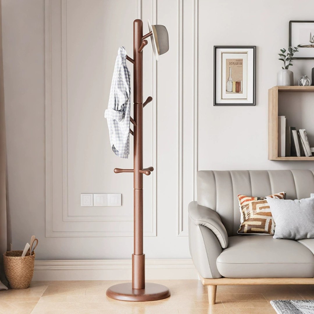 Natural Sheesham Wood Freestanding Coat Rack with Eight Hooks