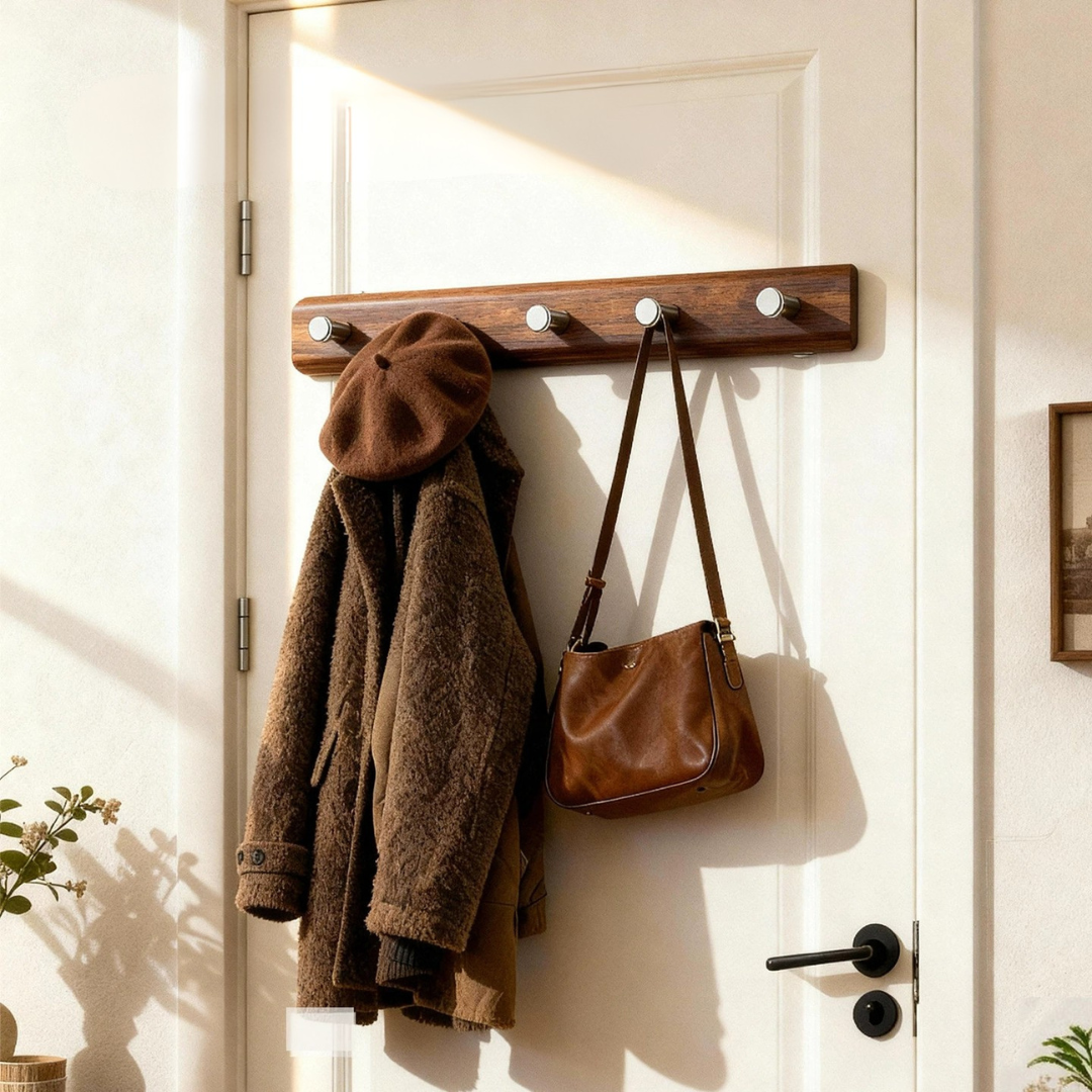 Five Hooks Walnut Wood Wall-Mounted Rack