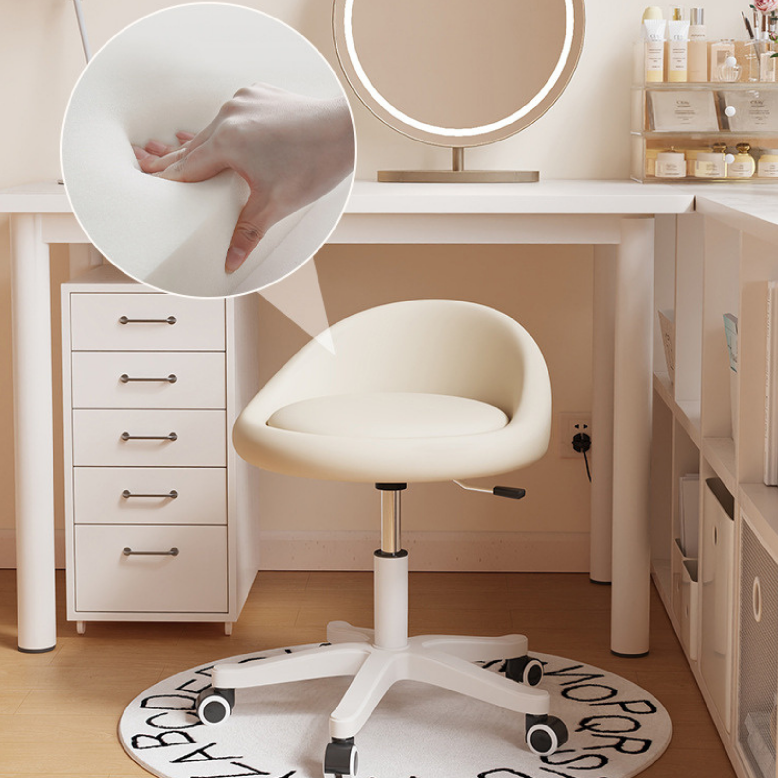 Ergonomic Adjustable Swivel Dressing Chair with Cushioned Seat and Rolling Base