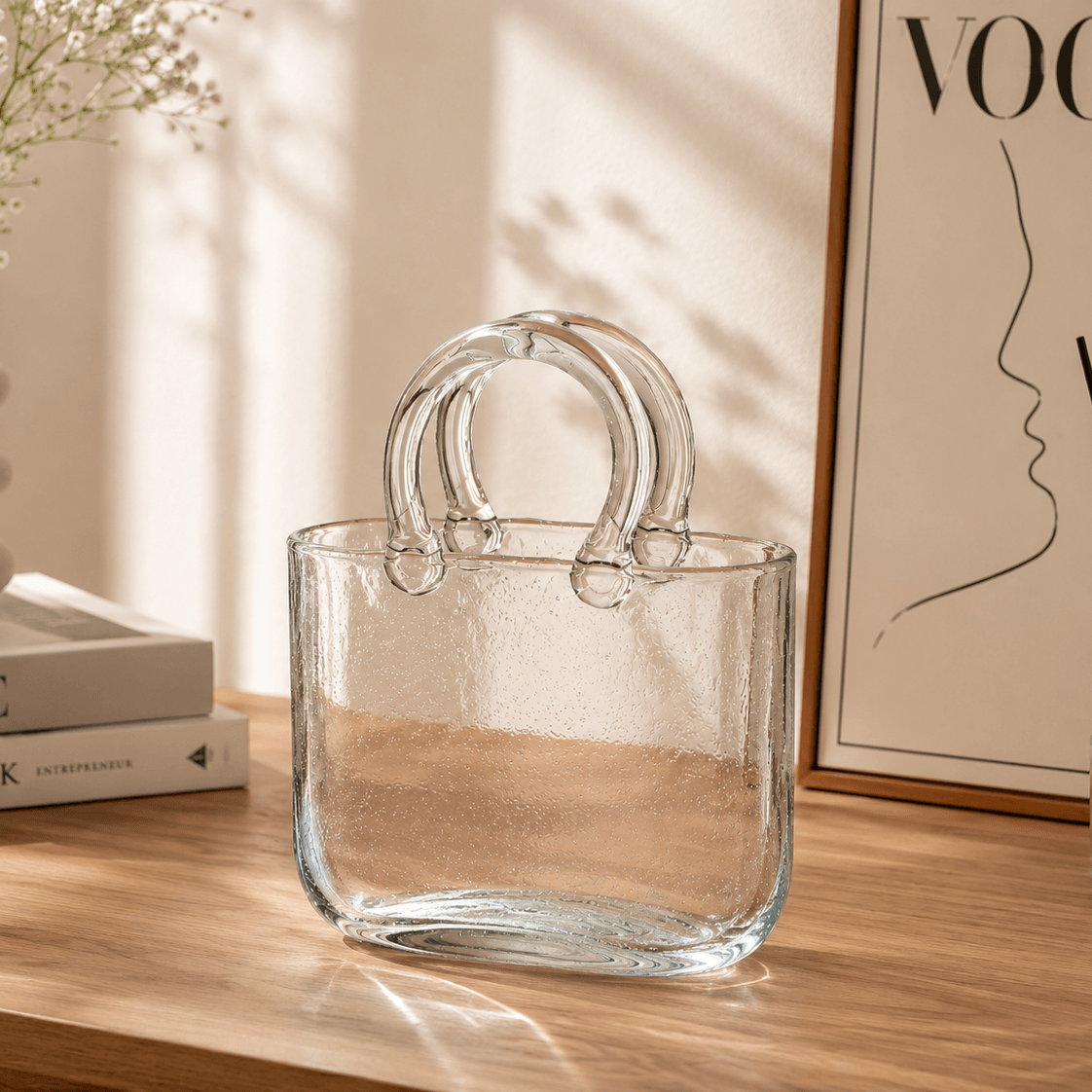Homero Transparent Hand Blown Glass Vase with Elegant Purse Design