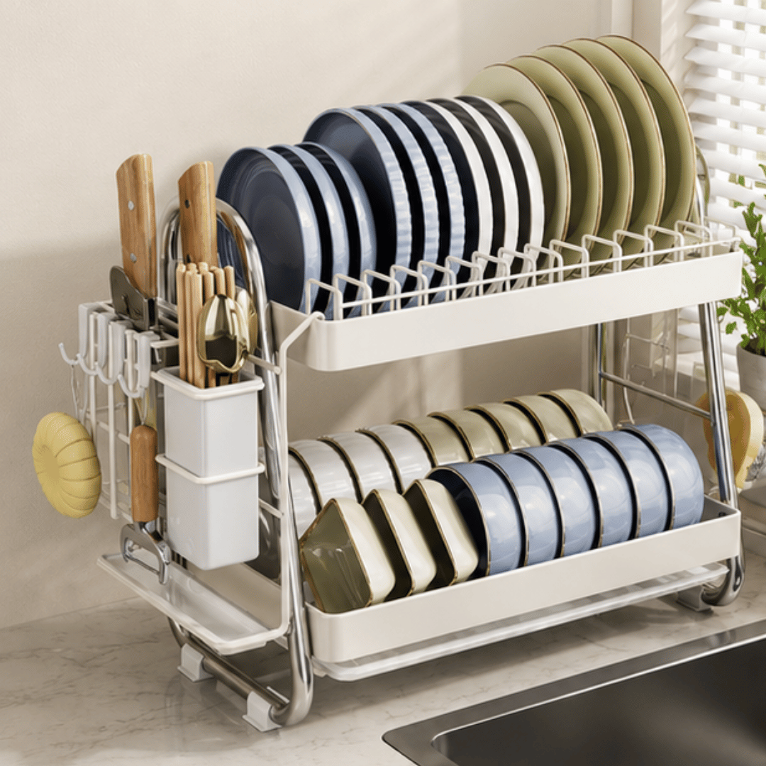 Premium Two Tier Carbon Steel Dish Rack With Cutlery Holder Knife Slots And Drip Tray
