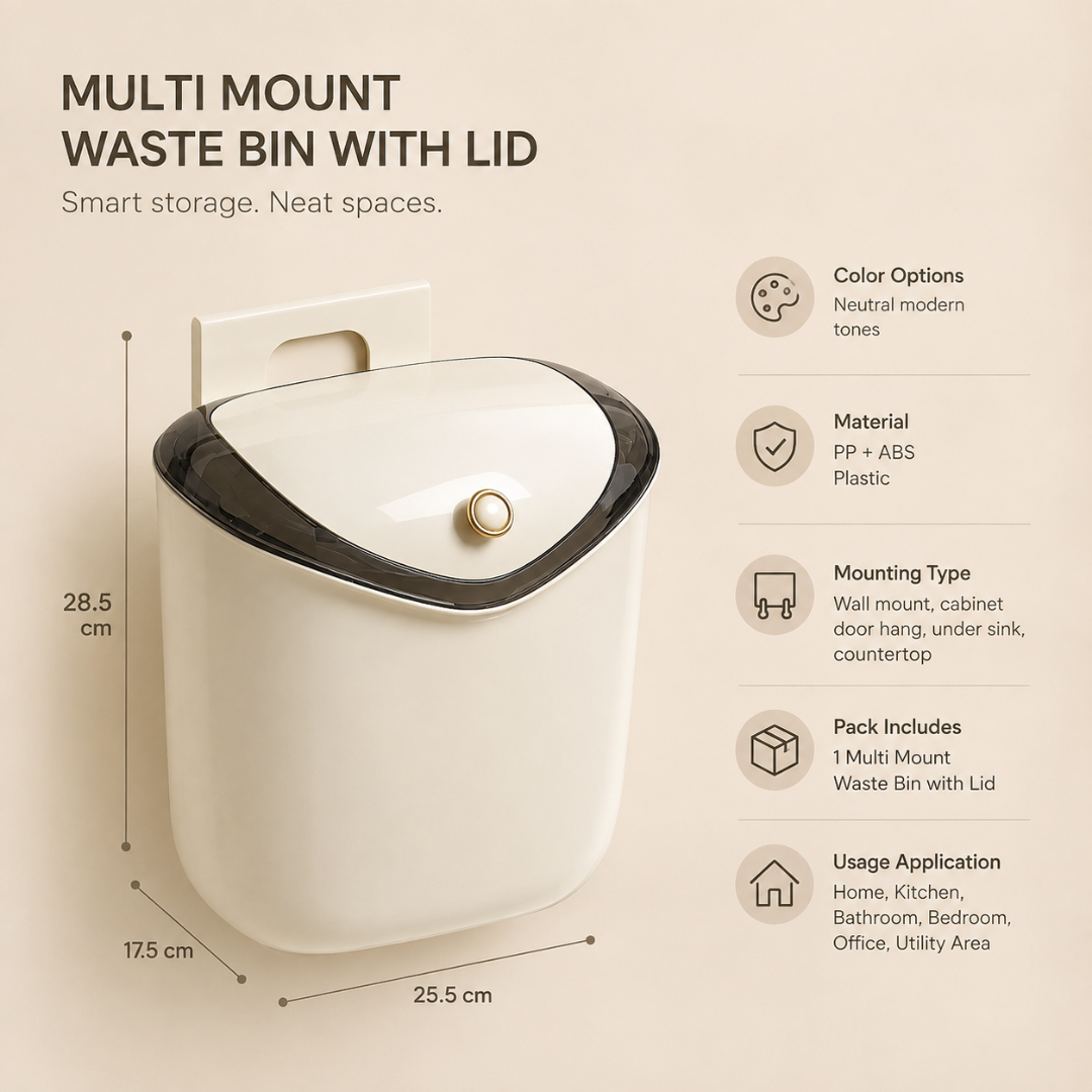 Multi Purpose Wall-Mount Wide Opening Waste Bin with Sliding Lid