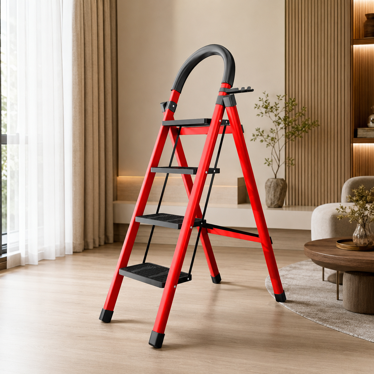 Foldable Carbon Steel Four Step Ladder with Handrail and Tool Tray