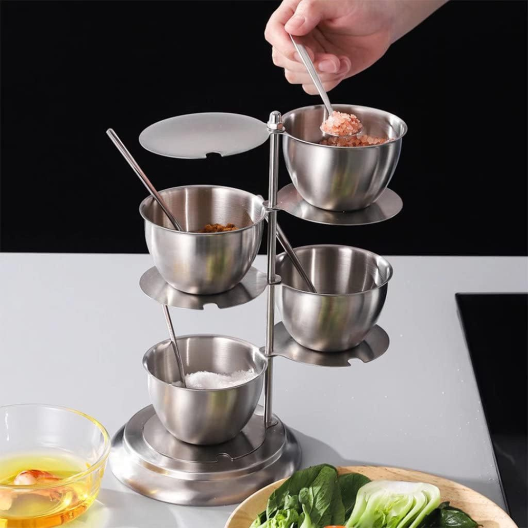 360° Rotating Stainless Steel Seasoning Container Set with Spoons