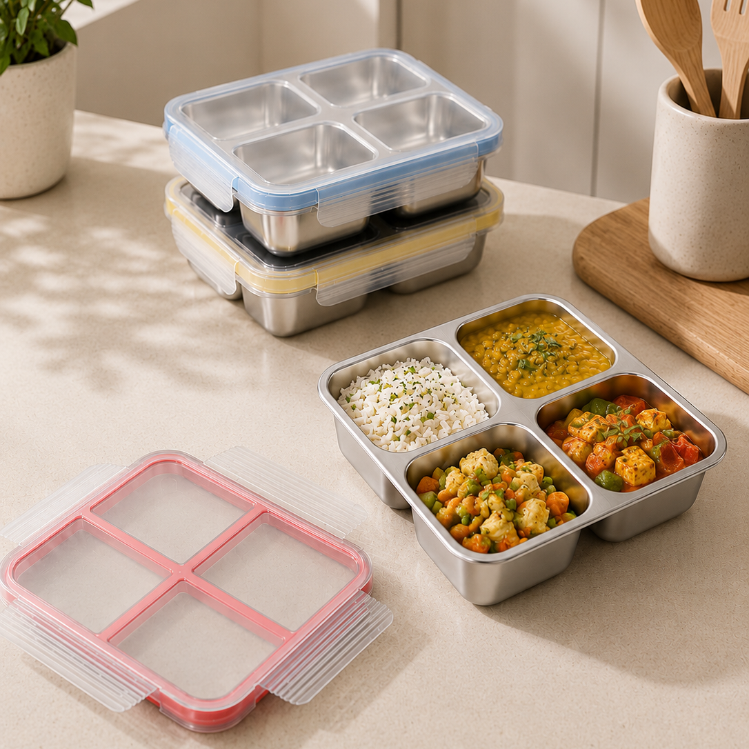Stainless Steel 4 Compartment Airtight Lunch Box - 720ML