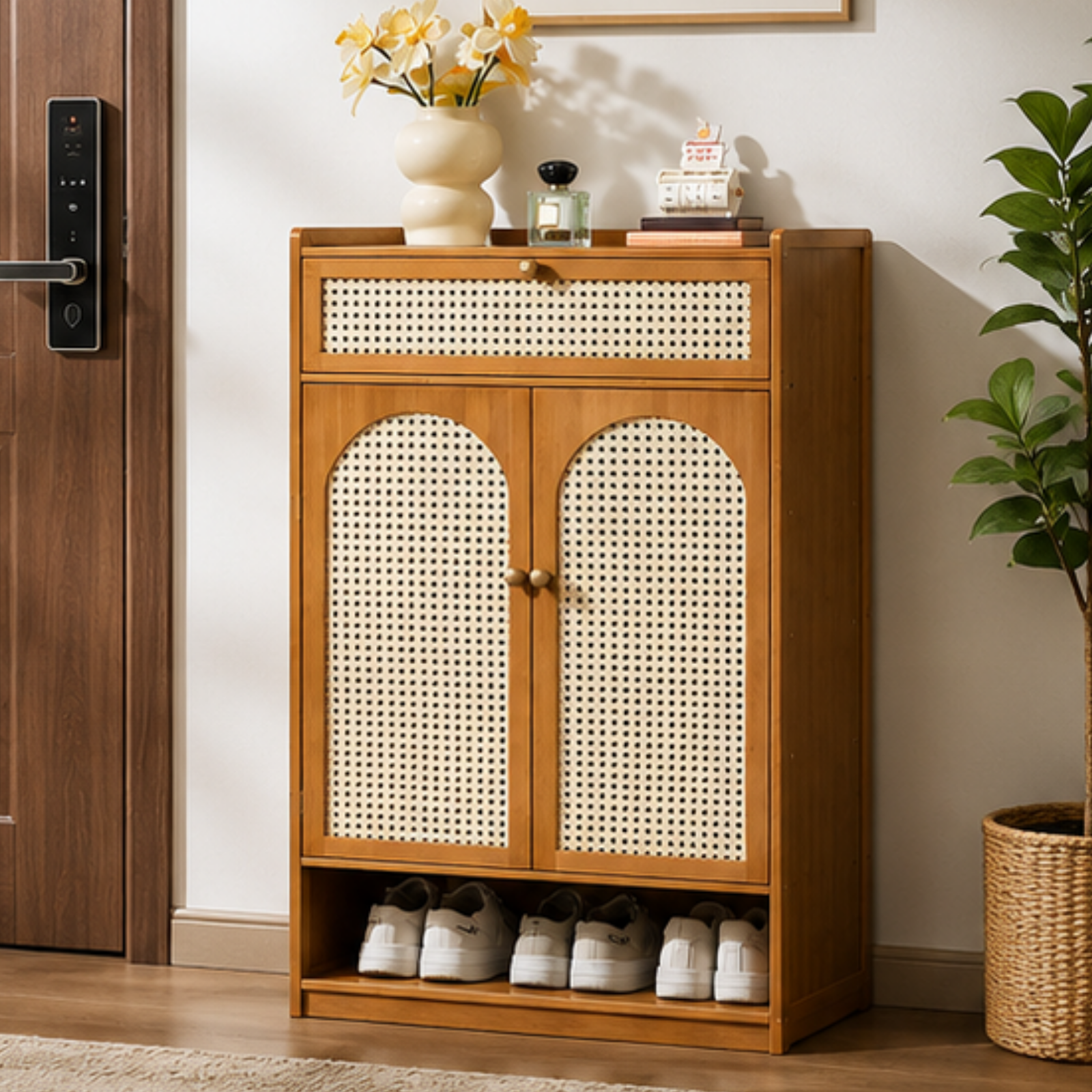 Bamboo Shoe Storage Cabinet with Rattan Mesh Doors and Drawer