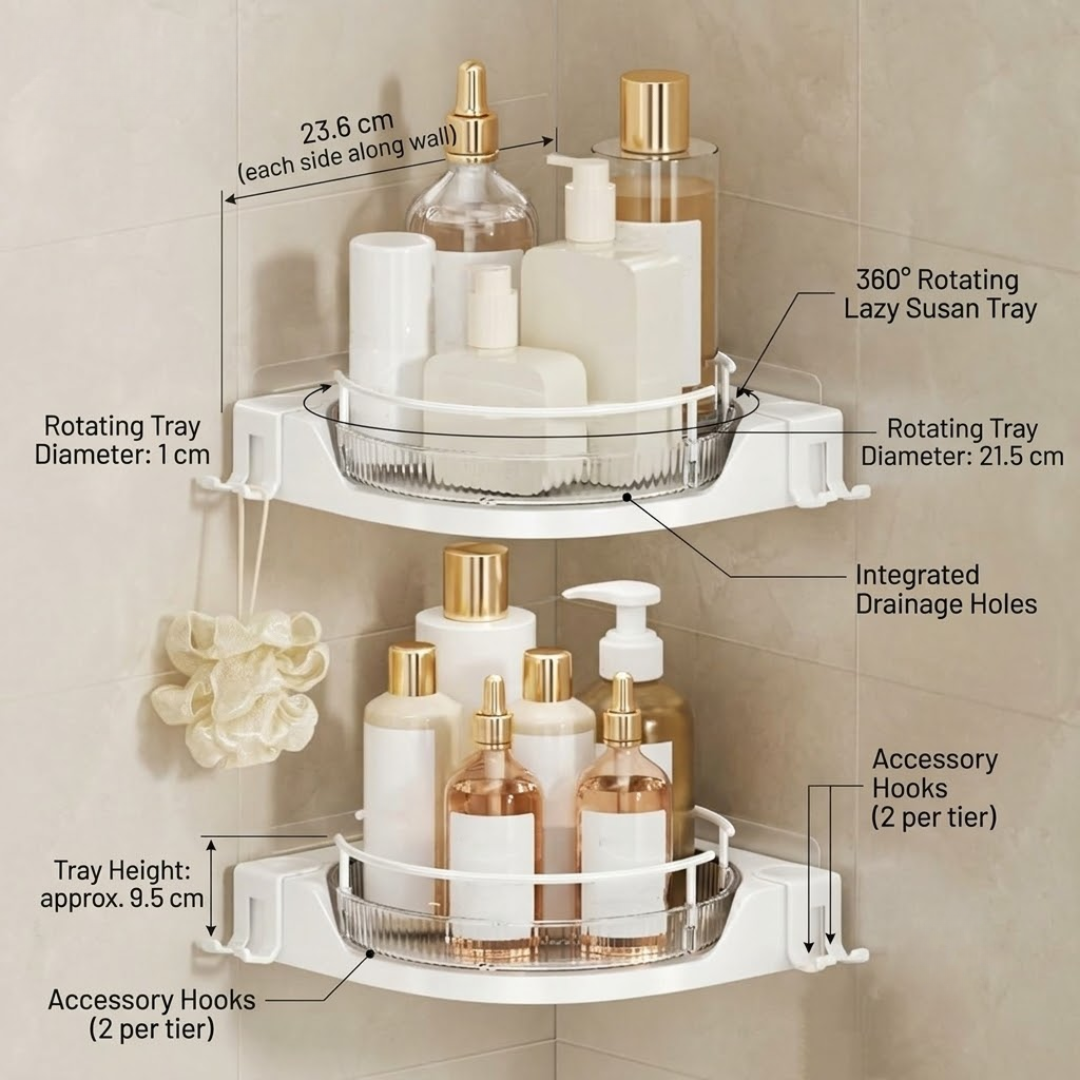 360° Rotating Corner Shower Caddy Space Saving Bathroom Organizer