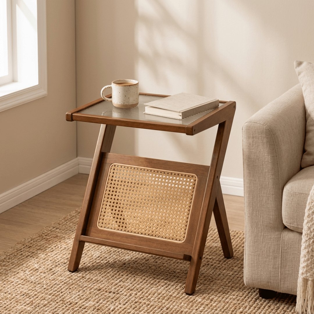 Elegant Z-Shape Boho Wooden Side Table with Toughened Glass Top