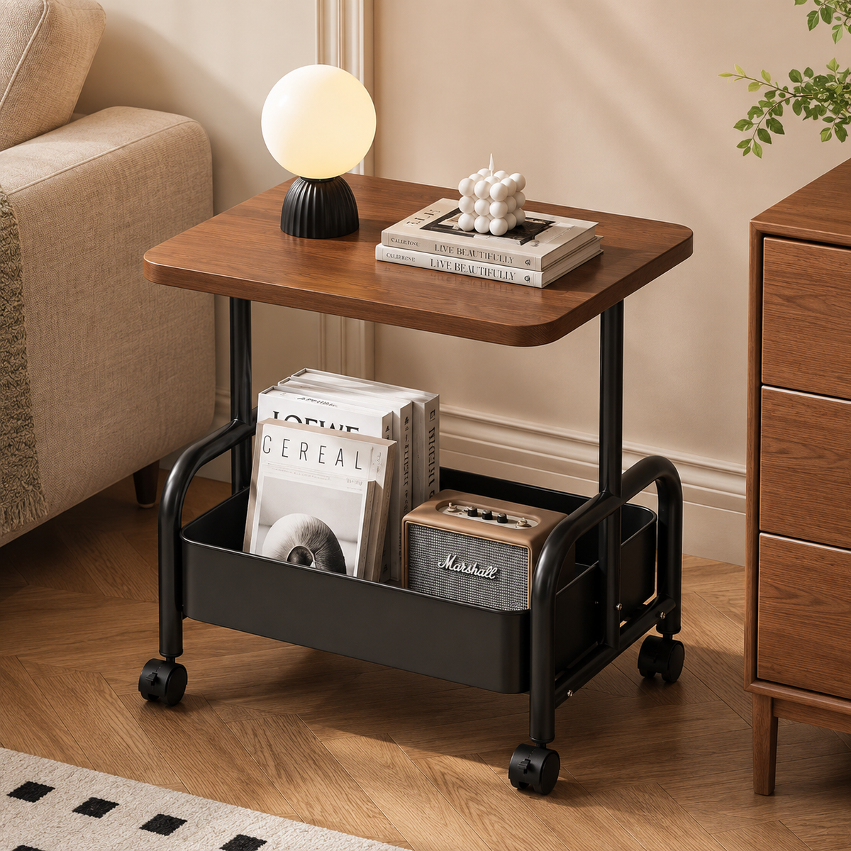 2-Tier Multi Purpose Utility Trolley Table with 360° Wheels