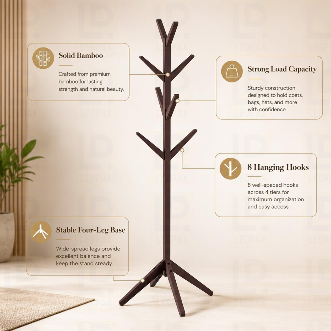 Bamboo Wooden Tree Coat Rack Stand with 8 Hooks