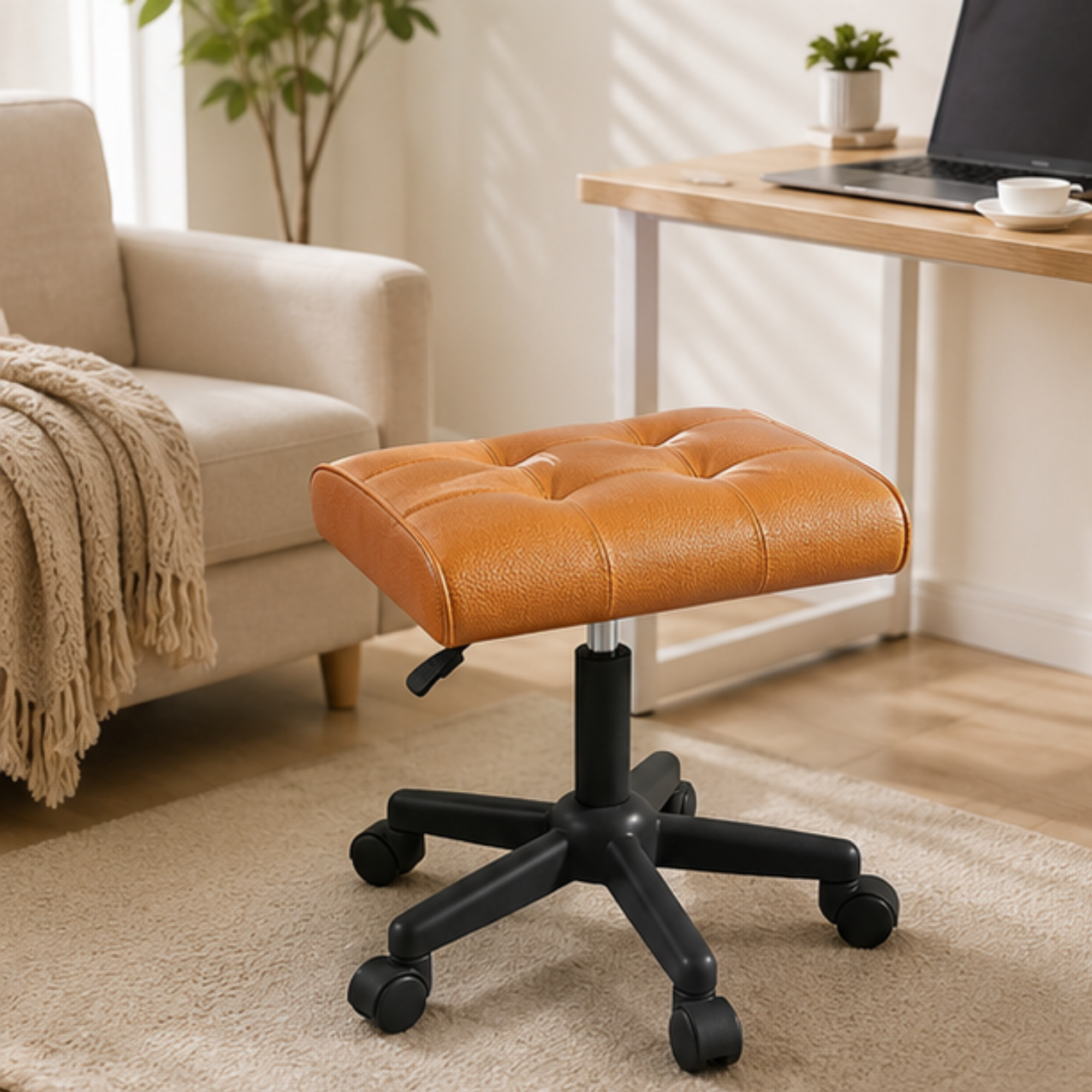 Adjustable Leather Footrest Stool with Thick Cushion